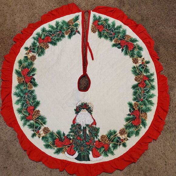 Vintage Tree Skirt Quilted Holly Acorns Cardinals 40 Inch w/ Red Ruffle - Picture 1 of 5